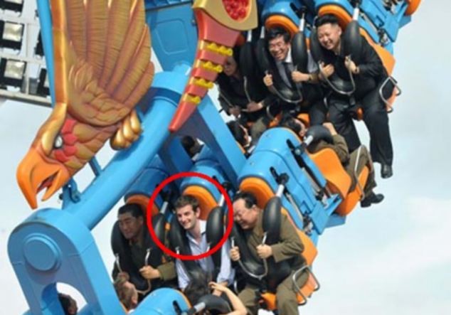 Bức ảnh do KCNA công bố cho thấy người nước ngoài bí ẩn thích thú tận hưởng chuyến đi tàu lượn cùng nhà lãnh đạo Triều Tiên Kim Jong-un.