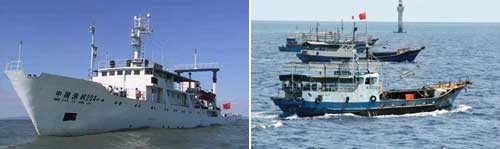 Tàu Ngư chính (trái) và tàu cá Trung Quốc.
