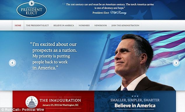 Trang web tuyên bố Romney trúng cử có con dấu của Văn phòng bầu cử Tổng thống và chữ ký của "Tổng thống" Mitt Romney.