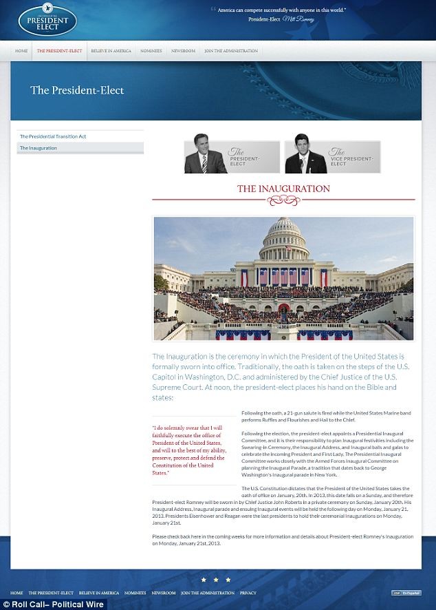Một trong các trang liên quan tới trang web nhầm lẫn của Romney công bố thông tin về lễ nhậm chức.