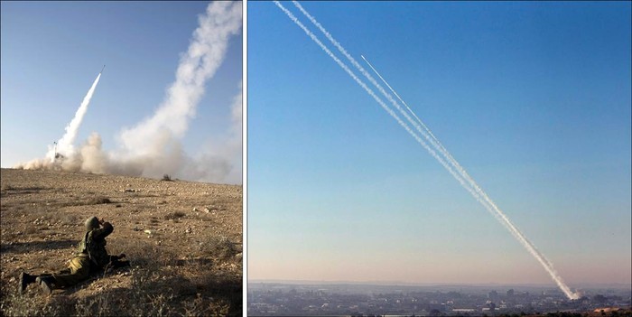 Hệ thống Iron Dome của quân đội Israel đang bắn tên lửa từ thành phố Beer Sheva để đánh chặn tên lửa được phóng gần Dải Gaza hôm 15/11.