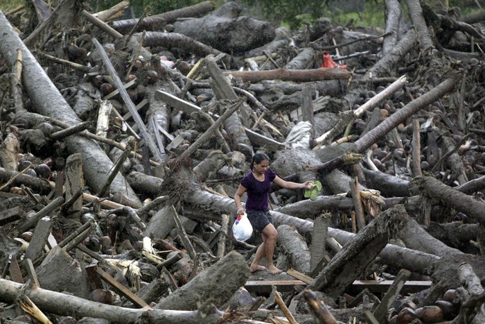 Một nạn nhân của trận bão Bopha mang gói hàng cứu trợ vượt qua đống đổ nát gây ra bởi trận bão để trở về một trung tâm sơ tán ở thị trấn New Bataan, thung lũng Compostela, miền nam Philippines ngày 7/12.