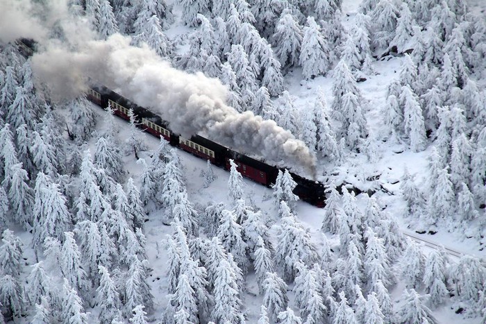 Một chiếc tàu di chuyển trên tuyến đường sắt Brocken Railway, miền bắc nước Đức, trong khung cảnh bao phủ bởi màu trắng của tuyết ngày 8/12.