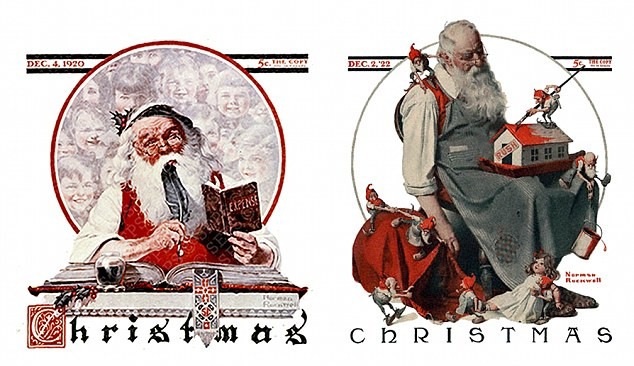 Hai bản vẽ của Norman Stockwell năm 1920 (trái) và năm 1922 mô tả khoảnh khắc sống riêng tư bận rộn của ông già Noel.