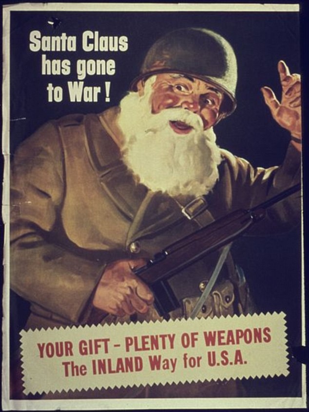 Áp phích năm 1942 của Văn phòng Quản lý Khẩn cấp, Hội đồng Quản trị Sản xuất cho thấy ông già Noel trong trang phục người lính.