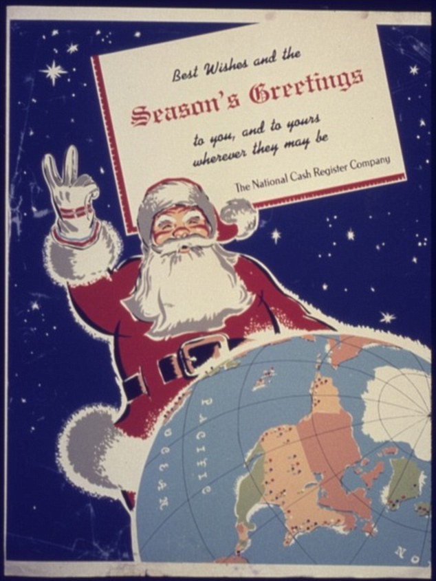 Áp phích năm 1942 của Văn phòng Quản lý Khẩn cấp, Hội đồng Quản trị Sản xuất cho thấy ông già Noel tuyên bố hòa bình cho thế giới trong mùa lễ Giáng sinh.