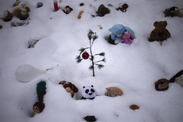 Những món đồ chơi tưởng niệm các nạn nhân vụ xả súng tại trường tiểu học Sandy Hook ở Connecticut, Mỹ bị phủ đầy tuyết trắng ngày 27/12.