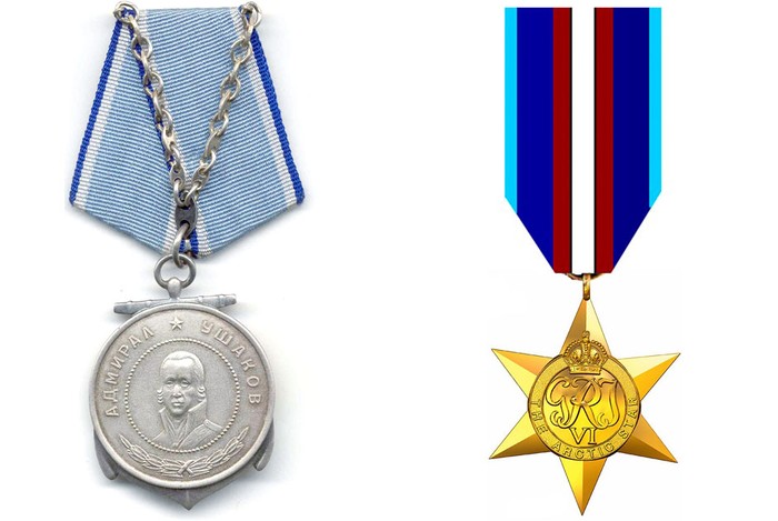 Huy chương Ushakov của Nga và "Sao Bắc cực" của Anh.