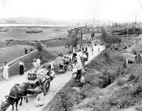 Người tị nạn đi dọc con đường sau khi nhận được lệnh sơ tán khỏi Pohang tháng 8/1950.