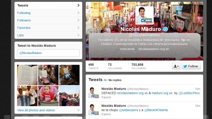 Tài khoản Twitter của ông Maduro bị đăng đầy thông điệp của nhóm Hacker.