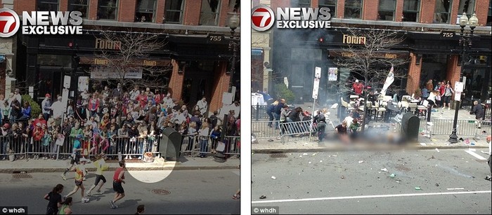 Hình ảnh trước và sau vụ nổ. Bức ảnh thứ nhất cho thấy một chiếc túi đặt cạnh hòm thư có thể chính là quả bom tự tạo.