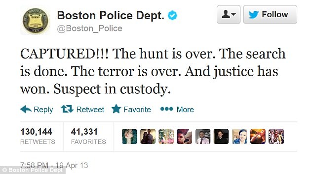 Thông báo kết thúc cuộc truy lùng nghi phạm trên Twitter của cảnh sát Boston. Ngay sau đó nó đã được lan truyền một cách nhanh chóng.