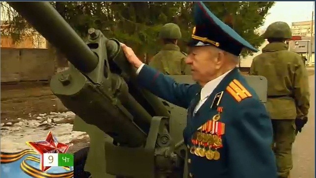Một cựu chiến binh Nga đứng gần một khẩu pháo nghi lễ