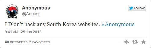 Tuyên bố trên Twitter chính thức của Anonymous quốc tế khẳng định họ không thực hiện cuộc tấn công vào các trang web của chính phủ, quân đội Hàn Quốc như tuyên bố,