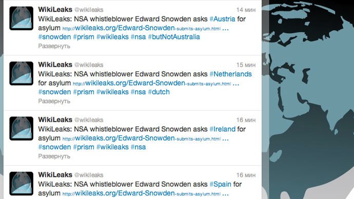 Danh sách các nước Snowden xin tị nạn được công bố trên trang web của WikiLeaks.