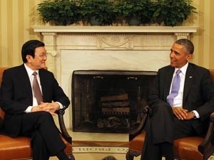 Tổng thống Hợp chủng quốc Hoa Kỳ Barack Obama đón và hội đàm với Chủ tịch nước Trương Tấn Sang. (Ảnh: Nguyễn Khang/TTXVN)