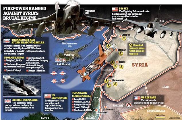 Bản đồ kế hoạch tấn công có thể được Mỹ và Anh sử dụng đối với Syria.