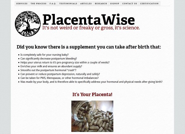 Quảng cáo về những công dụng chưa được kiểm chứng chính xác của nhau thai trên trang web công ty PlacentaWise.