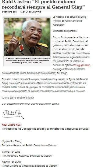 Toàn văn bức điện được đăng tải trên trang cubadebate.cu với tiêu đề: "Raul Castro: "Những người dân Cuba sẽ luôn luôn nhớ Tướng Giáp"".