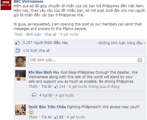 BBC mở thêm post để các bạn trẻ Việt Nam gửi thông điệp chia sẻ mới mất mát sau siêu bão Haiyan dành cho người dân Philippines sau khi nhận được những lời nhắn nhủ yêu thương từ láng giềng.
