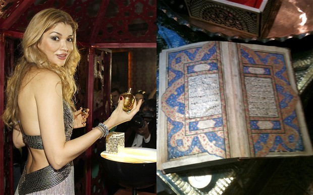 Gulnara Karimova (trái) và cuốn kinh thánh được cho là bà đã đánh cắp từ bảo tàng quốc gia.
