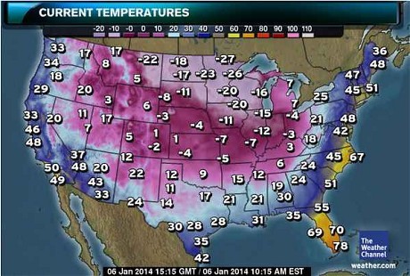 Bản đồ cho thất nhiệt độ trên toàn nước Mỹ hôm 6/1.