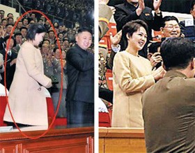 Hình ảnh bà Ri Sol-ju mặc chiếc áo khoác và váy xuất hiện hôm 18/2/2014 (phải) giống với trang phục bà đã mặc khi mang thai năm 2010.
