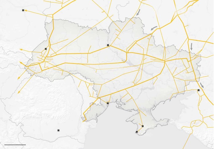 Mạng lưới đường ống dẫn khí đốt của Nga băng qua Ukraine tới các nước Đông Âu.