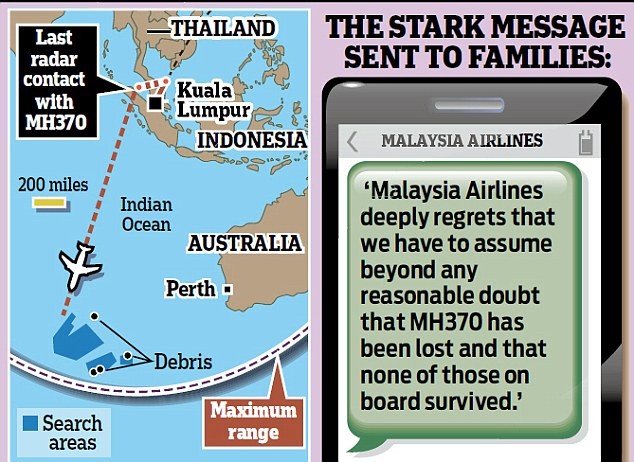 Tin nhắn của Malaysia Airlines gửi đến thân nhân hành khách và bản đồ xác định vị trí mảnh vỡ được tìm thấy