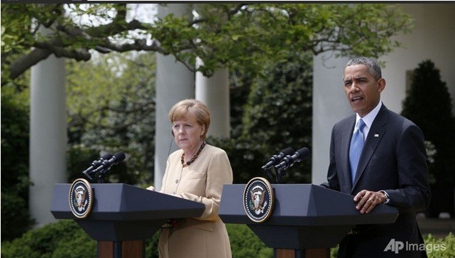 Tổng thống Mỹ Barack Obama và Thủ tướng Đức Angela Merkel tại Vườn Hồng, Nhà Trắng ngày 2/5.