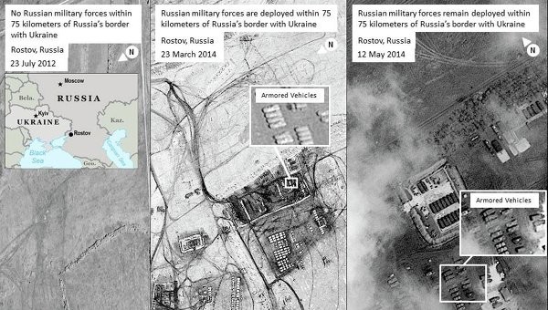 Những bức ảnh chụp ngày 23/7/2012 và 23/3/2014 và 12/5/2014 ở cùng một vị trí nhưng được cho là có sự hiện diện khác nhau của quân đội Nga.