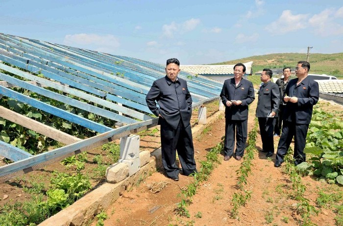 Nhà lãnh đạo Triều Tiên Kim Jong-un (trái) trong một chuyến thị sát.