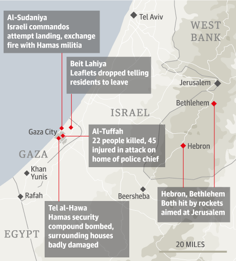 Bản đồ các khu vực là mục tiêu tấn công đẫm máu của quân đội Israel tại Dải Gaza.