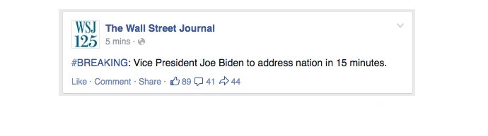 Thông báo thứ hai xuất hiện sau đó 4 phút cho biết Phó Tổng thống Mỹ Joe Biden đã triệu tập phiên họp nội các 15 phút trước.