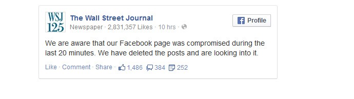 Thông báo đính chính của The Wall Street Journal nói rằng tài khoản Facebook của họ bị tấn công 20 phút trước.