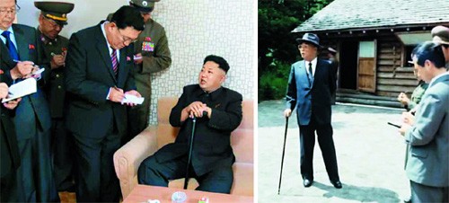 Hình ảnh Kim Jong-un chống gậy xuất hiện hôm 14.10 và ảnh ông nội nhà lãnh đạo này, Kim Nhật Thành chống gậy.