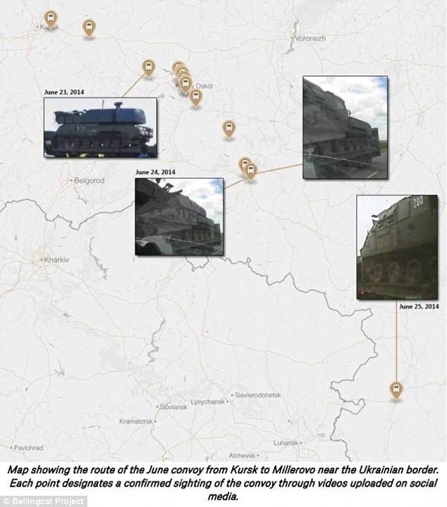 Nhóm điều tra đã vẽ lại bản đồ tuyến đường di chuyển của hệ thống tên lửa Buk từ Kursk đến gần biên giới Ukraine nhờ dữ liệu mở trên các trang mạng.