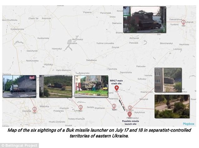 Bản đồ cho thấy sự hiện diện của hệ thống Buk 3 giờ trước thảm kịch và sau đó được chuyển đến Lugansk.