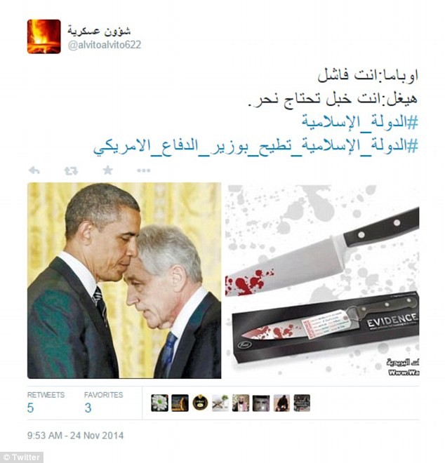 Những hình ảnh tuyên truyền được IS công bố trên Twitter liên quan tới sự ra đi của Bộ trưởng Hagel.