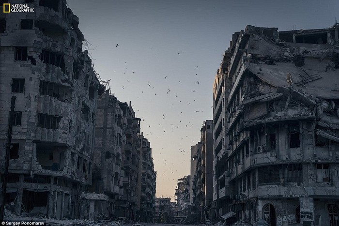 Những ngôi nhà bị phá hủy bởi xung đột ở Homs, Syria.