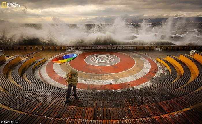 Người đàn ông đang cố chống chọi với gió bão và sóng ở Kocaeli, Thổ Nhĩ Kỳ.