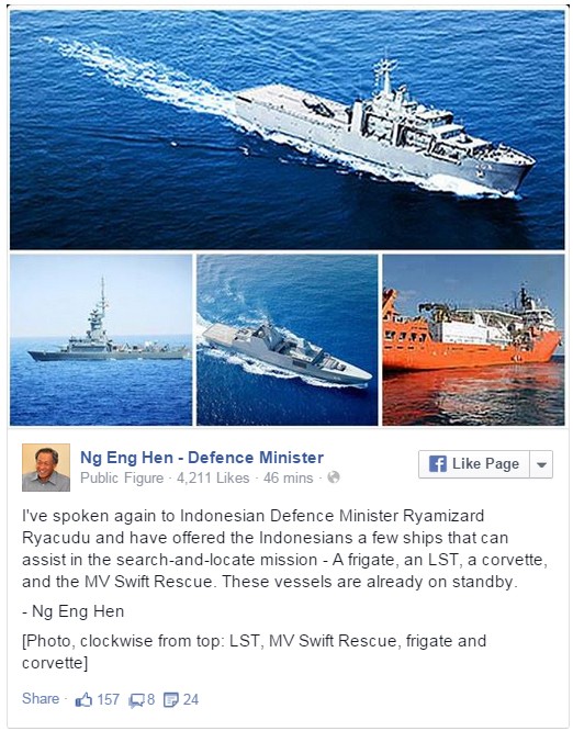 Thông báo của Bộ trưởng Bộ Quốc phòng Singapore nói rằng Hải quân đã đưa bốn tàu vào chế độ chờ để tham gia tìm kiếm máy bay mất tích. Đề nghị của Singapore đã được phía Indonesia chấp thuận.