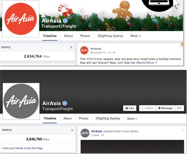 AirAsia thay đổi màu sắc logo và ảnh nền Facebook sau sự cố máy bay mất tích.