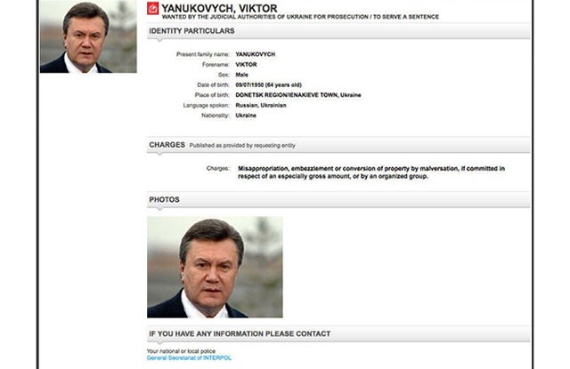 Lệnh truy nã của Interpol đối với ông Yanukovich.