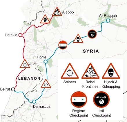 Tuyến đường nguy hiểm từ Beirut tới Aleppo và từ Beirut tới Raqqa.