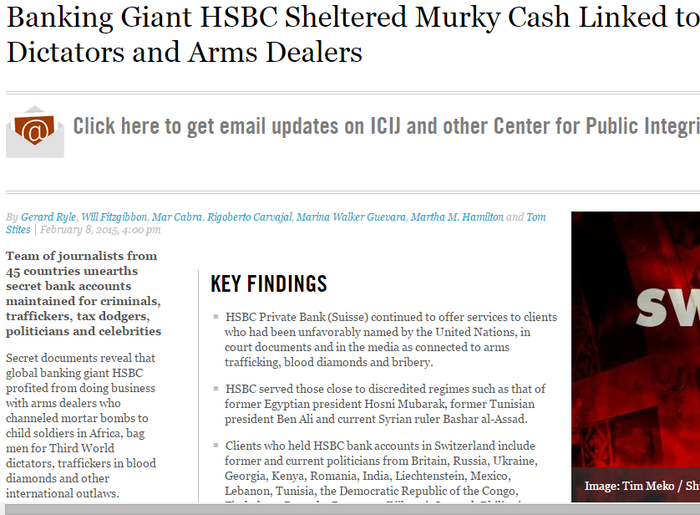 Bài điều tra về HSBC đăng trên trang ICIJ. (Ảnh chụp màn hình).