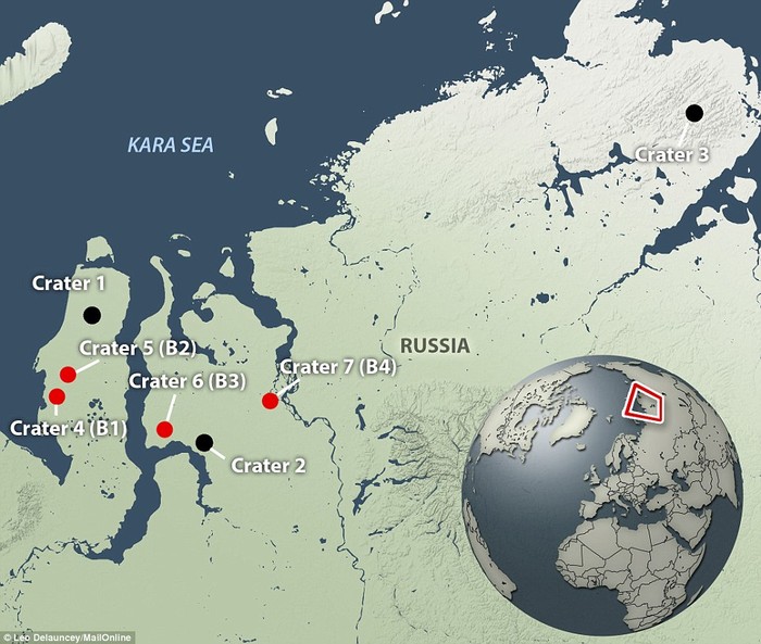 Bốn hố khổng lồ xuất hiện rải rác tại Siberia hồi năm ngoái.