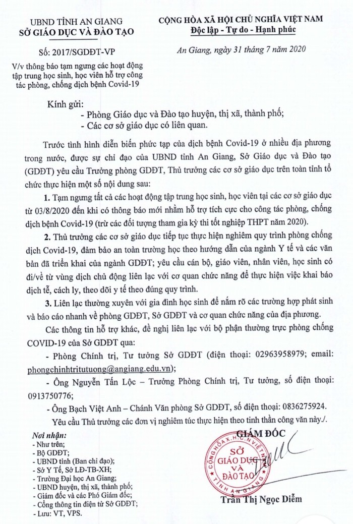 Thông báo của Sở Giáo dục và Đào tạo An Giang (Ảnh chụp website: angiang.gov.vn)