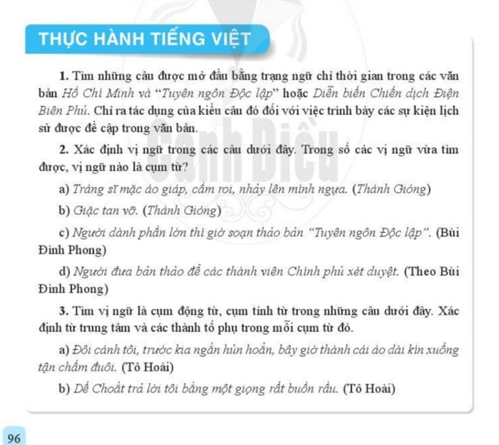 Phân môn Tiếng Việt lớp 6 không có phần hình thành kiến thức mà đi vào thực hành ngay (Ảnh chụp sách Ngữ văn 6 (Cánh Diều) từ màn hình