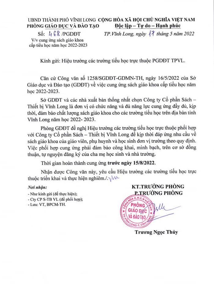 Văn bản chỉ đạo của Phòng Giáo dục và Đào tạo thành phố Vĩnh Long (Ảnh chụp từ màn hình trường tiểu học Nguyễn Huệ ngày 14/6)